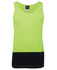 A high-visibility singlet in bright lime green with a black bottom section, featuring a logo.