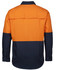 A work shirt featuring a fluorescent orange upper section and a navy blue lower section, with a back yoke design and long sleeves.