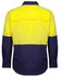 A long-sleeve work shirt in fluorescent yellow and navy blue, featuring a logo on the back.