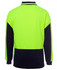 A long-sleeve polo shirt in fluorescent yellow with navy blue accents and a logo on the back.