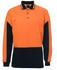 An orange and black long-sleeve polo shirt with a pocket and logo. Suitable for workwear.