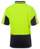 A high-visibility polo shirt featuring a bright yellow front and navy blue back, with a logo.