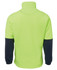A bright lime green polar fleece with navy blue sleeves and a high collar, featuring a branded logo.