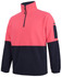 A zip-up polar fleece in bright pink and navy, featuring long sleeves and a pocket on the arm.
