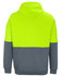 A high-visibility pullover hoodie in fluorescent yellow and grey, featuring a hood and a plain design with a logo.