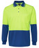 A long-sleeve polo shirt in fluorescent yellow and navy blue, featuring a pocket and a logo.