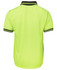 A back view of a short-sleeved, high-visibility yellow polo shirt with contrasting black details and a logo.