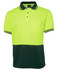A high-visibility short-sleeve polo shirt in bright yellow with a dark green bottom and a pocket. Features a logo.