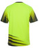 A bright yellow and green work t-shirt with a distinctive design and short sleeves. It features a logo.