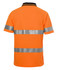 An orange polo shirt featuring reflective stripes and a collar, suitable for workwear. It has a logo on the front.