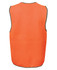 An orange safety vest with contrasting trim, featuring a logo. Ideal for visibility and safety.