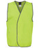 A high-visibility safety vest in bright yellow-green with grey trim and no sleeves, featuring a logo.
