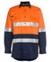 An orange and navy work shirt with long sleeves, featuring reflective stripes and front pockets, with a logo.
