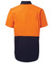 A short-sleeved work shirt featuring an orange upper section and a navy blue lower section, complete with a logo.
