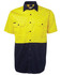 A short-sleeved work shirt in bright yellow and navy blue with two front pockets and a logo.