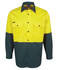 A long-sleeved work shirt featuring a yellow upper half and dark green lower half, with two chest pockets and a logo.