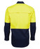 A long-sleeved work shirt in high visibility yellow and navy blue, featuring a back yoke and a logo.