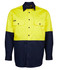 A long-sleeved work shirt in high visibility yellow and navy, featuring two chest pockets and a logo.