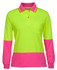 A long-sleeve polo shirt in lime green and hot pink, featuring a pocket and a logo.