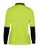 A lime green long-sleeve polo shirt with black sleeves and a collar featuring branding.