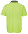 A bright yellow-green short-sleeve polo shirt with a black striped collar, featuring a branding logo.