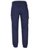 A pair of navy blue stretch canvas jogger pants featuring multiple pockets and an elasticised cuff design.
