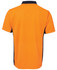 An orange short-sleeved polo shirt with navy side panels and a collar, featuring a logo on the front.