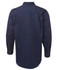 A navy long-sleeve work shirt with a button-down collar and back pleats. Features button cuffs and a branded logo.