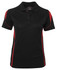 A black polo shirt with red side accents and a collar, featuring a logo on the front.