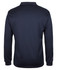 A long-sleeve navy polo shirt with a textured design and a branding logo on the back.