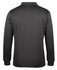 A long-sleeve polo shirt in black, featuring a small green accent and a branding logo on the back.