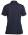 A navy polo shirt with a collar and short sleeves, featuring contrasting trims and a logo on the back.