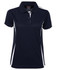 A navy blue women's polo shirt with white side stripes and a collar, featuring a branded label.