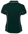 A dark green women's polo shirt featuring contrasting piping and a classic collar, with a logo on the back.
