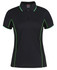 A black polo shirt featuring green piping and a collar, designed for women. It has a logo on the label.