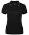 A black polo shirt with a zippered neck and contrasting piping details. The shirt features a logo.