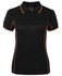 A black polo shirt with orange piping, featuring a collar and a logo on the label.