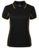 A black polo shirt with yellow piping, featuring a collar and short sleeves. It has a logo on the front.