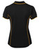 A black polo shirt featuring yellow piping along the seams, designed for women. Includes a logo on the chest.
