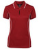 A red polo shirt with contrasting white piping and a collar, featuring a small logo.