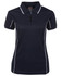 A navy polo shirt featuring piping details and a collar, with a logo on the upper area.