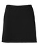 A black skort with an elastic waistband, featuring a simple design and a subtle branding logo.