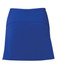 A blue skort with a stretchy waistband and a smooth finish, featuring a subtle logo.