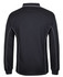 A black long-sleeve polo shirt with grey piping and a logo on the collar.