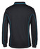 A black long-sleeve polo shirt with blue piping, featuring a collar and a logo.