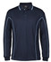 A long-sleeved navy polo shirt featuring piping details in light blue and a logo on the chest.