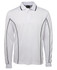 A long sleeve white polo shirt with black piping and a collar, featuring a logo on the chest.