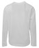 A long-sleeve white T-shirt with a plain design and a logo on the back.