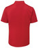 A red polo shirt with short sleeves and a collar, featuring a logo on the back.