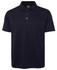 A navy blue polo shirt with a three-button placket and a collar. It features a logo on the chest.